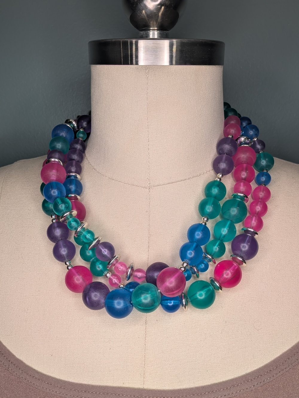 Vintage 80s Frosted Sea Glass Acrylic Bead Multi Strand Necklace